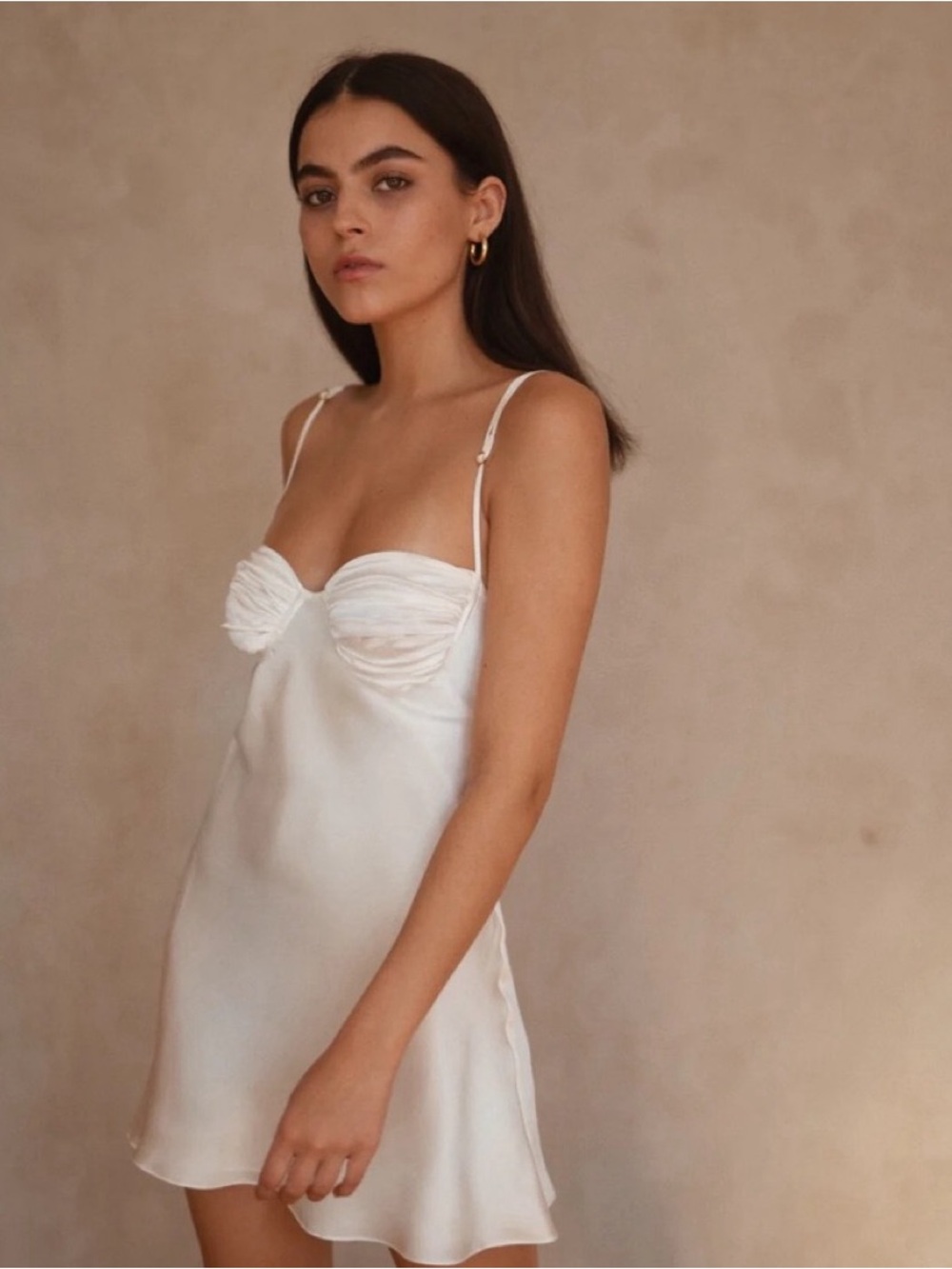 Two Bodies New York Izzy White 100% Silk Charmeuse Ruched Cup Mini Dress Small